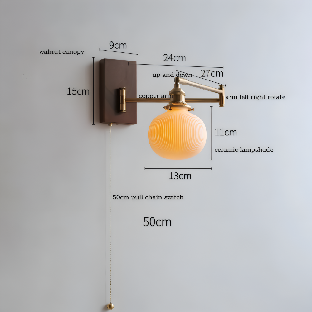 Regulowana lampa ścienna ceramiczna z włącznikiem