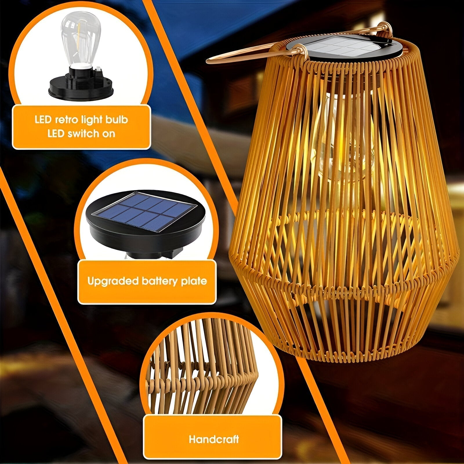 Solarna lampa wisząca z rattanu do ogrodu