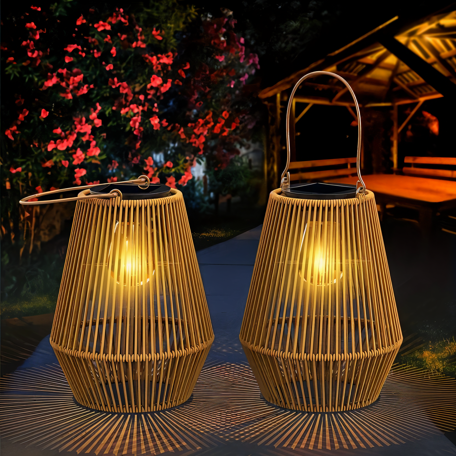 Solarna lampa wisząca z rattanu do ogrodu