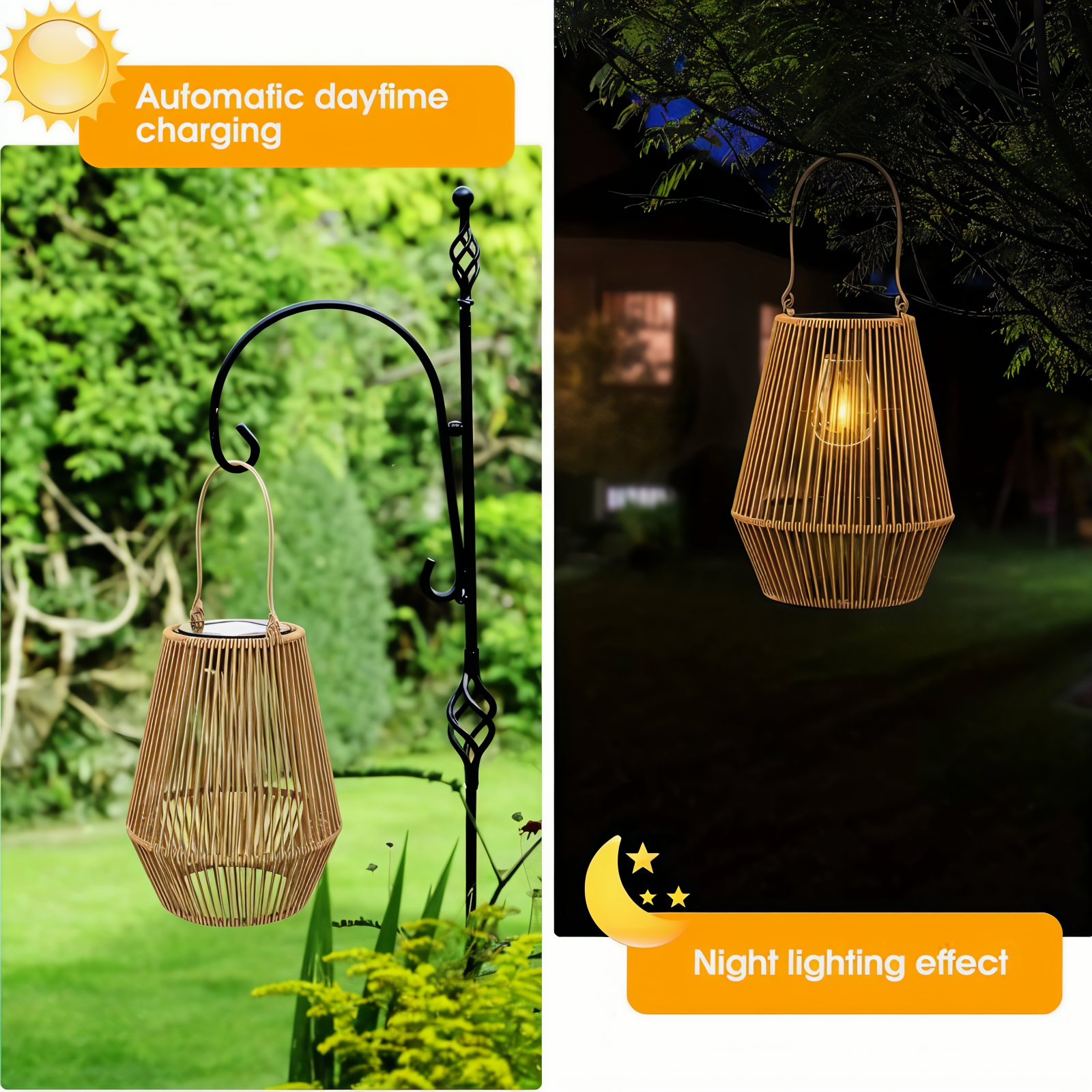 Solarna lampa wisząca z rattanu do ogrodu