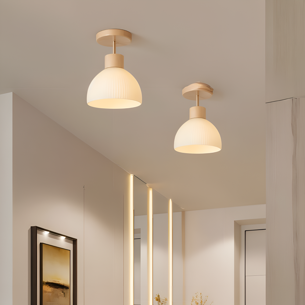 Lampa sufitowa LED z ryflowanego szkła i drewna