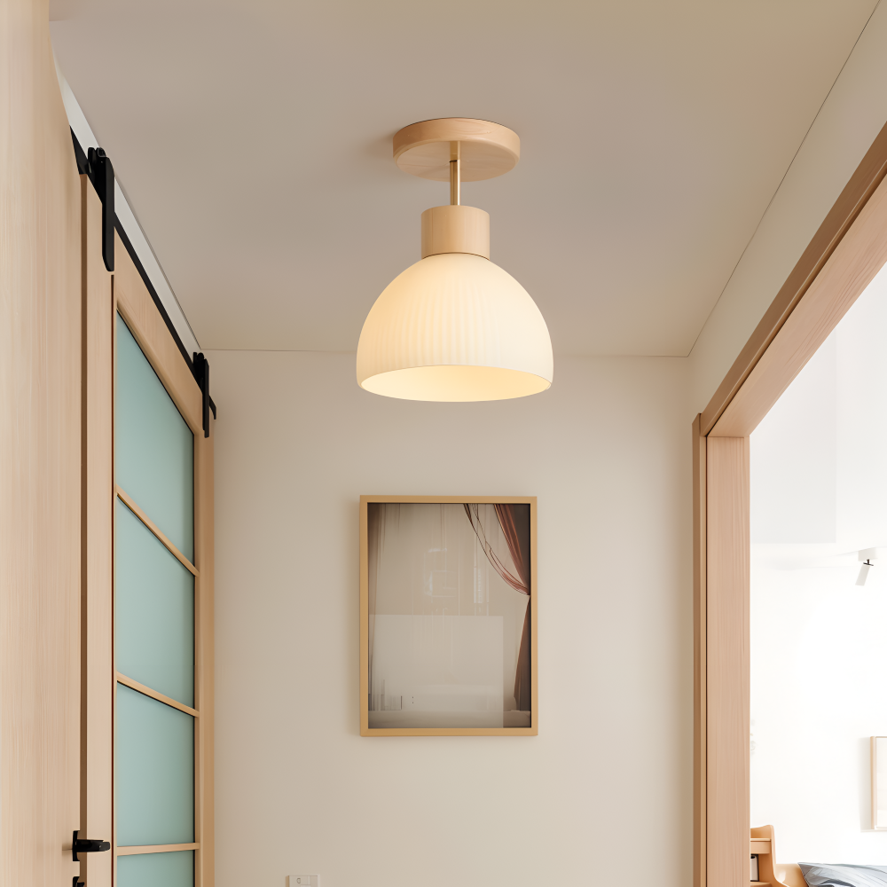 Lampa sufitowa LED z ryflowanego szkła i drewna