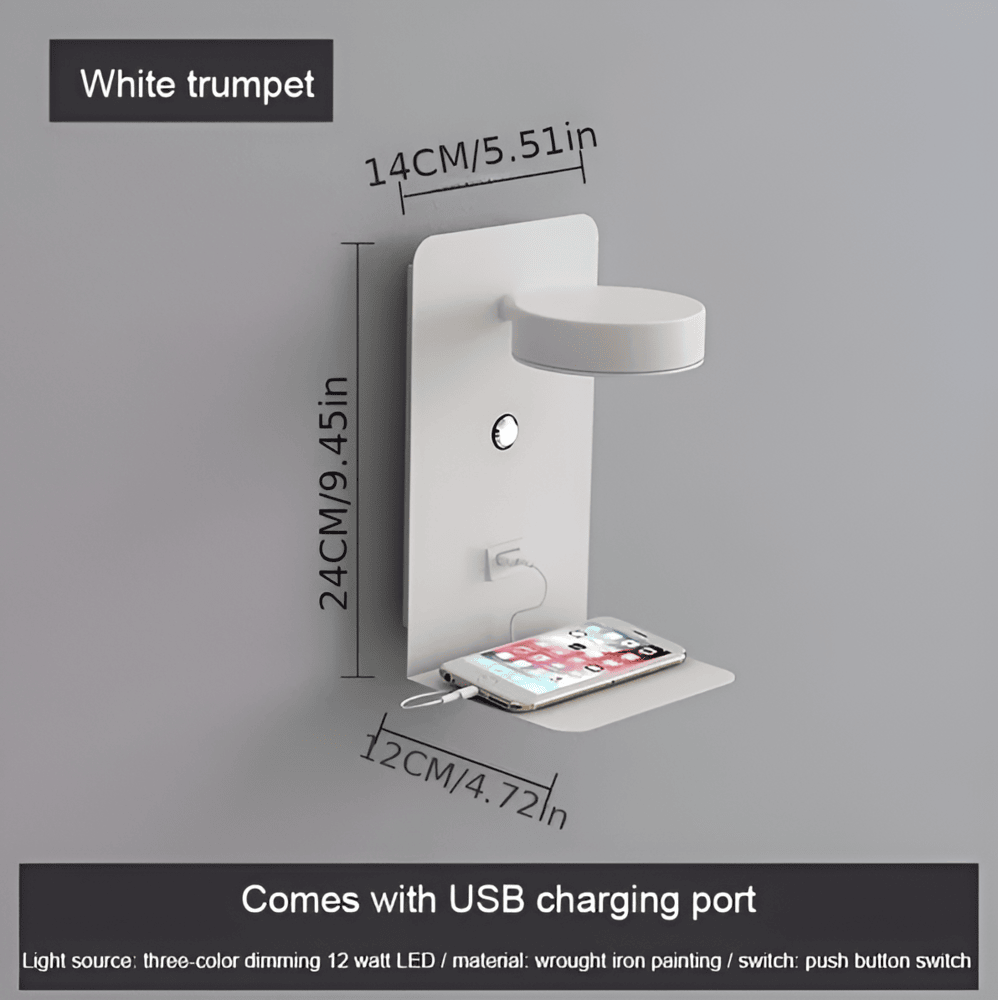 Kinkiet LED z półką i portem USB do sypialni