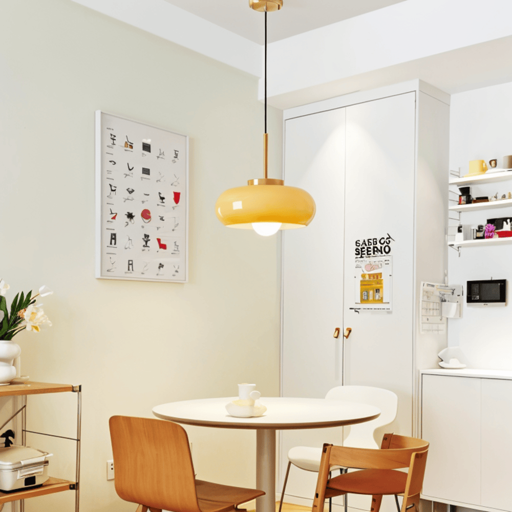 Lampa wisząca retro Bauhaus ze szkła i miedzi