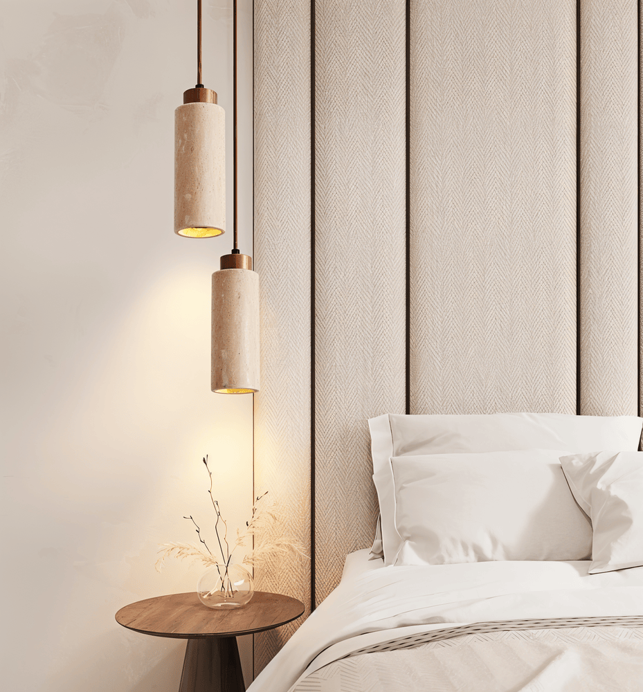 Marmurowa lampa wisząca cylindryczna z miedzią