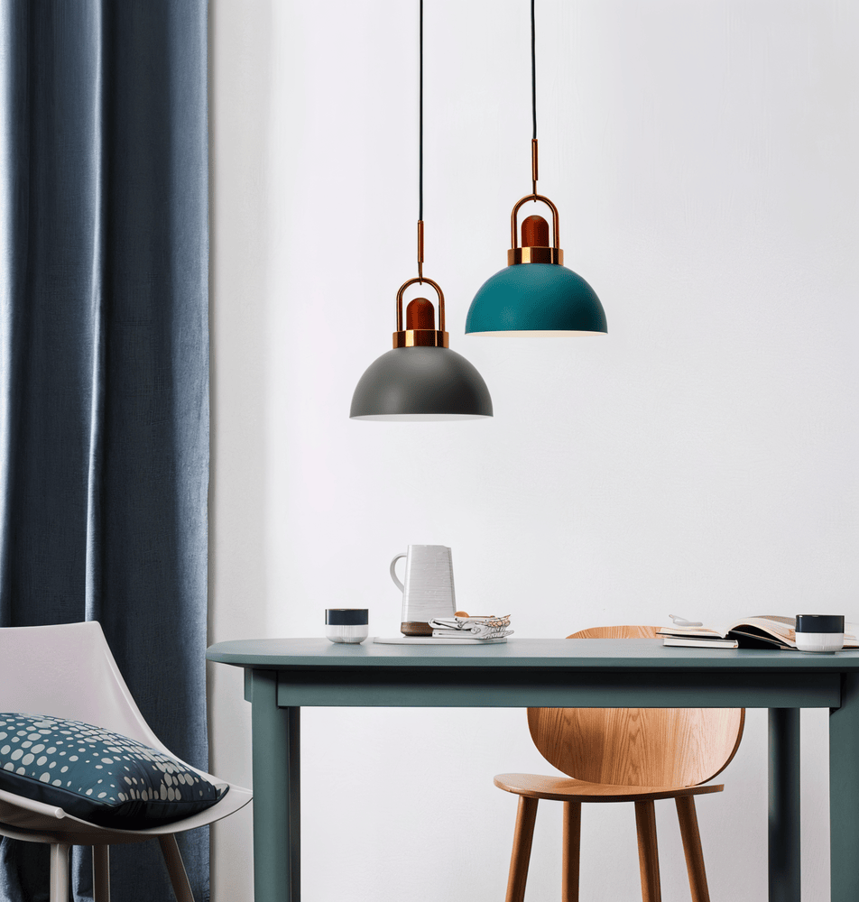Lampa wisząca kopułowa metalowa z drewnem