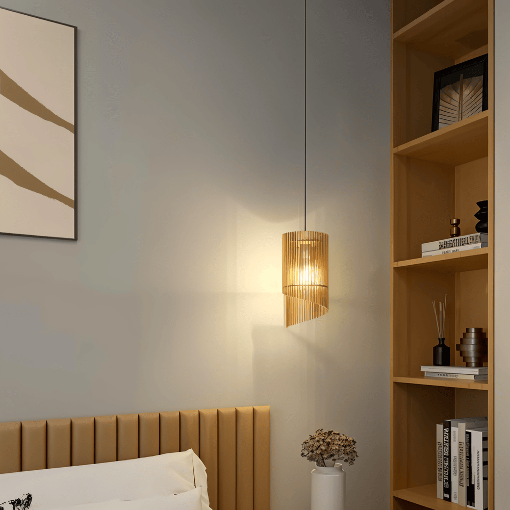 Drewniana lampa wisząca cylindryczna do salonu