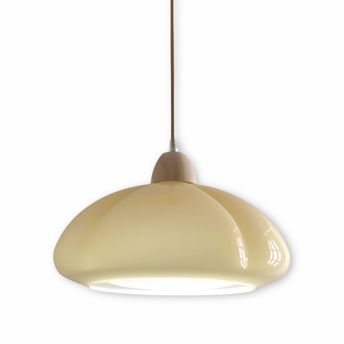 Retro lampa wisząca ze szkła i drewna do salonu