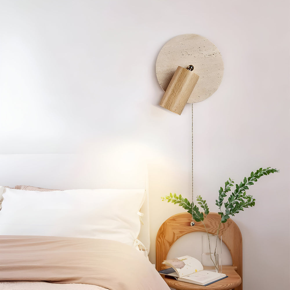 Lampa ścienna LED z trawertynu i drewna do sypialni