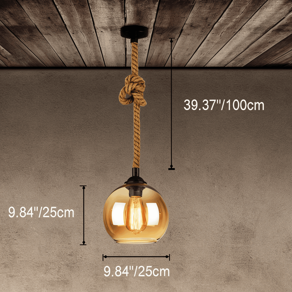 Lampa wisząca z kulą szklaną i liną konopną vintage