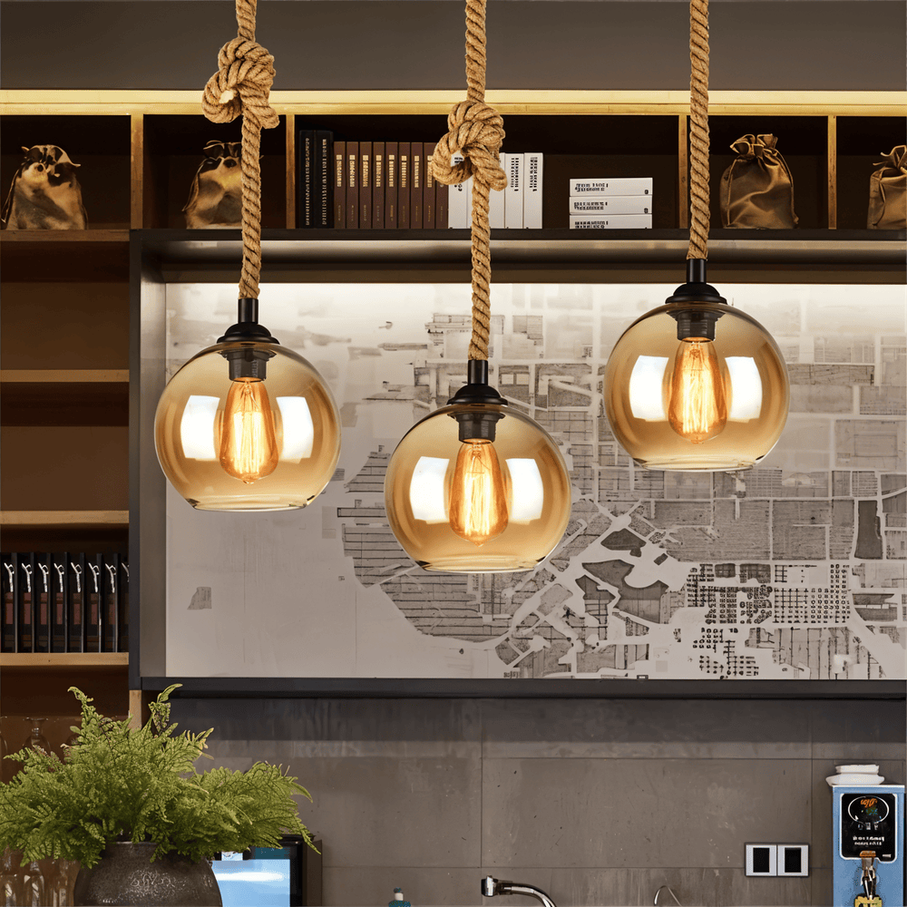 Lampa wisząca z kulą szklaną i liną konopną vintage