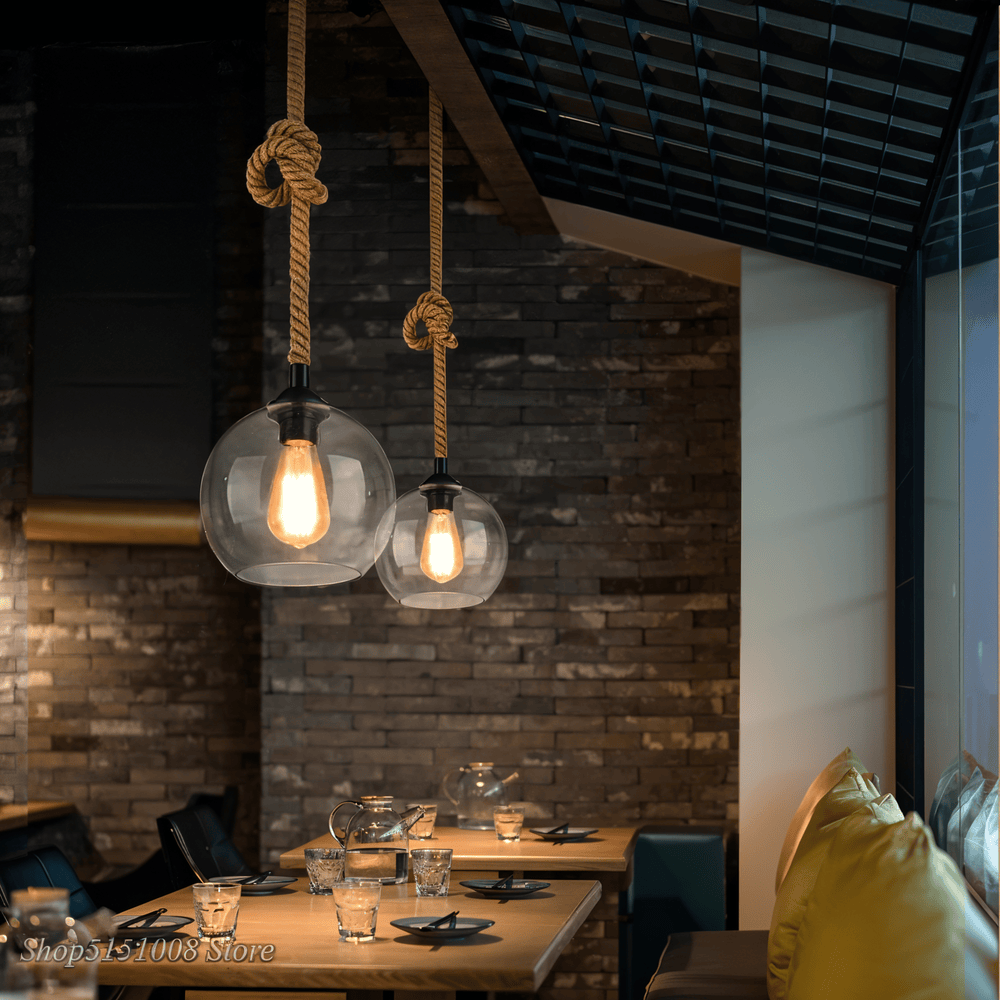 Lampa wisząca z kulą szklaną i liną konopną vintage