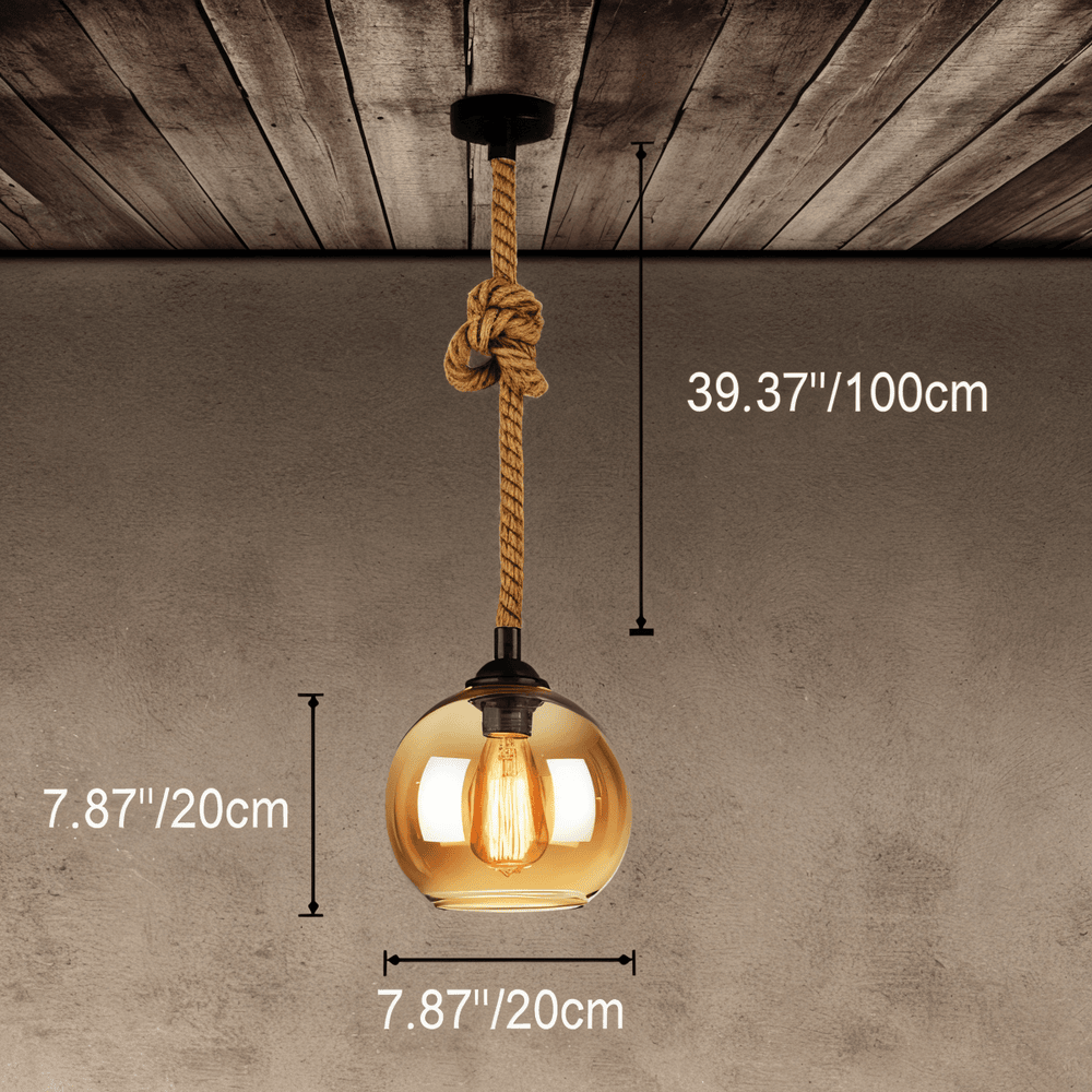 Lampa wisząca z kulą szklaną i liną konopną vintage