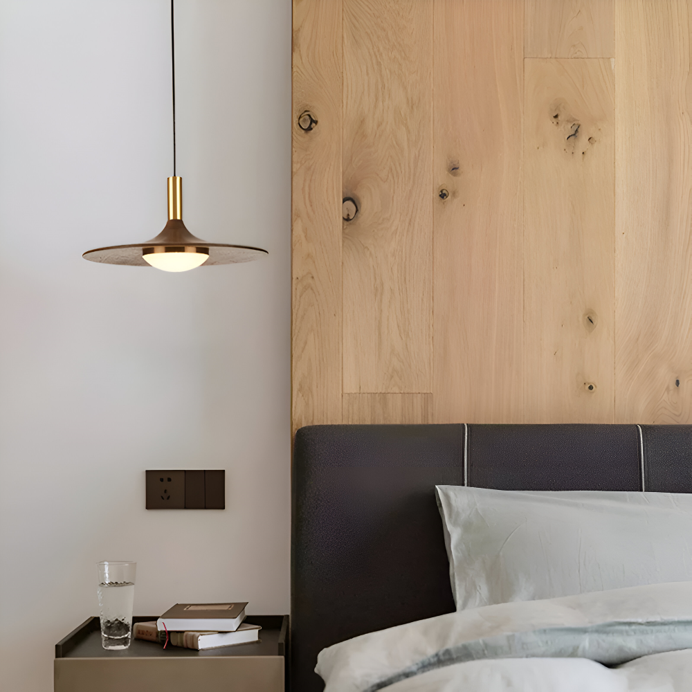 Drewniana lampa wisząca LED nad stół w stylu japandi