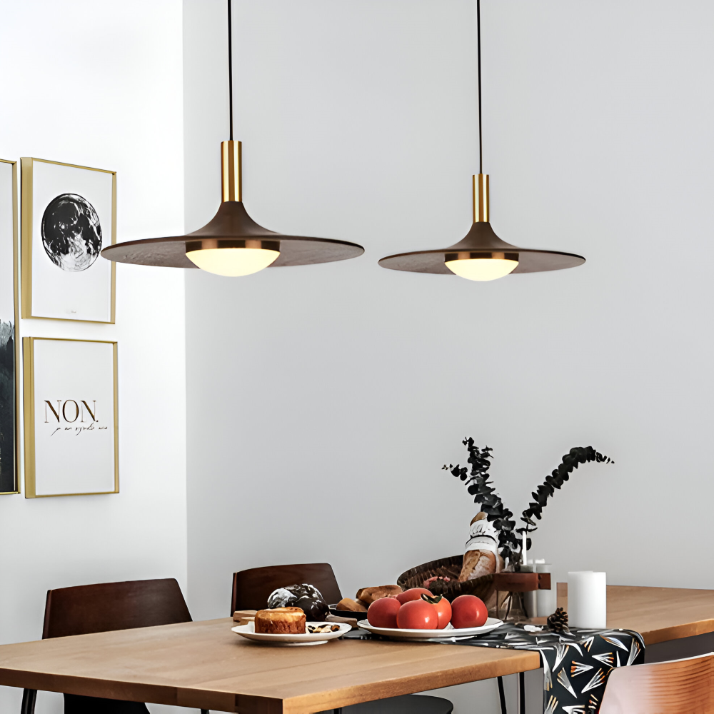Drewniana lampa wisząca LED nad stół w stylu japandi