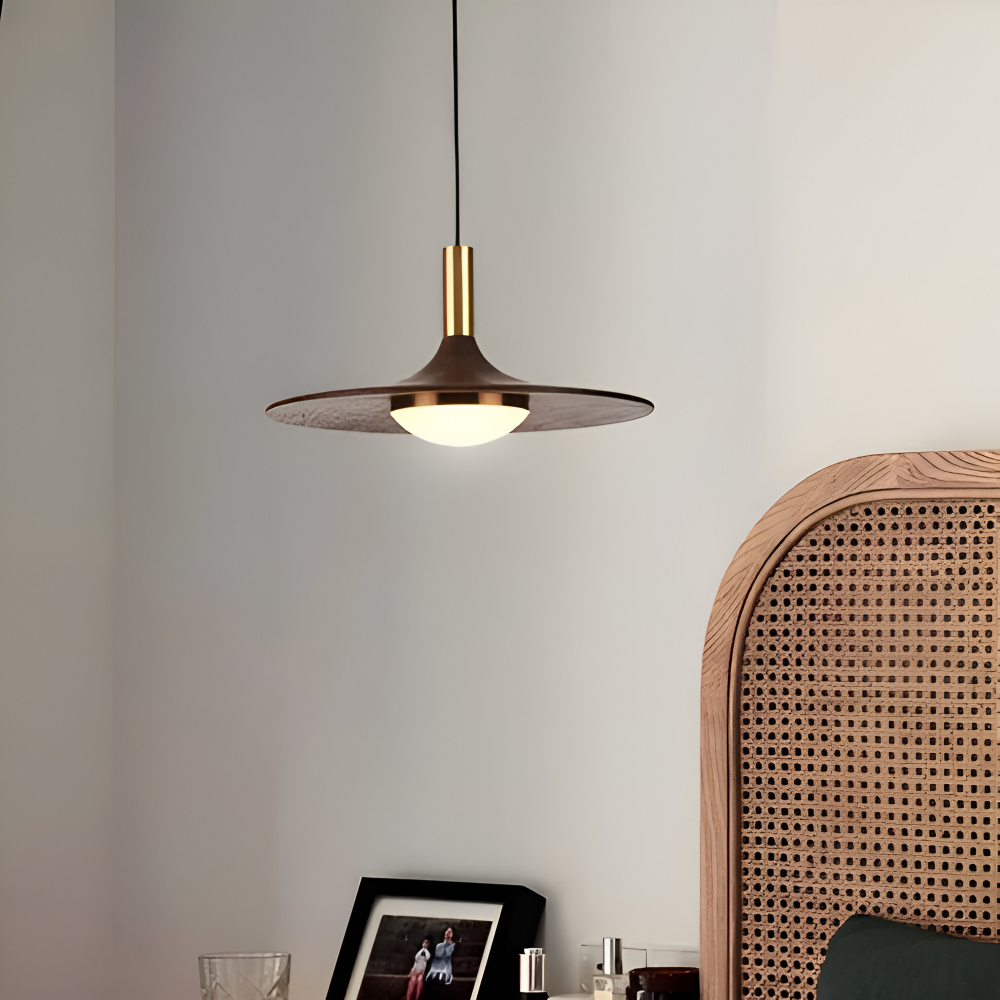 Drewniana lampa wisząca LED nad stół w stylu japandi