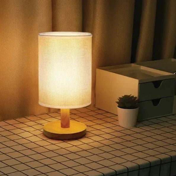 Lampa stołowa z drewna i lnu LED z pilotem