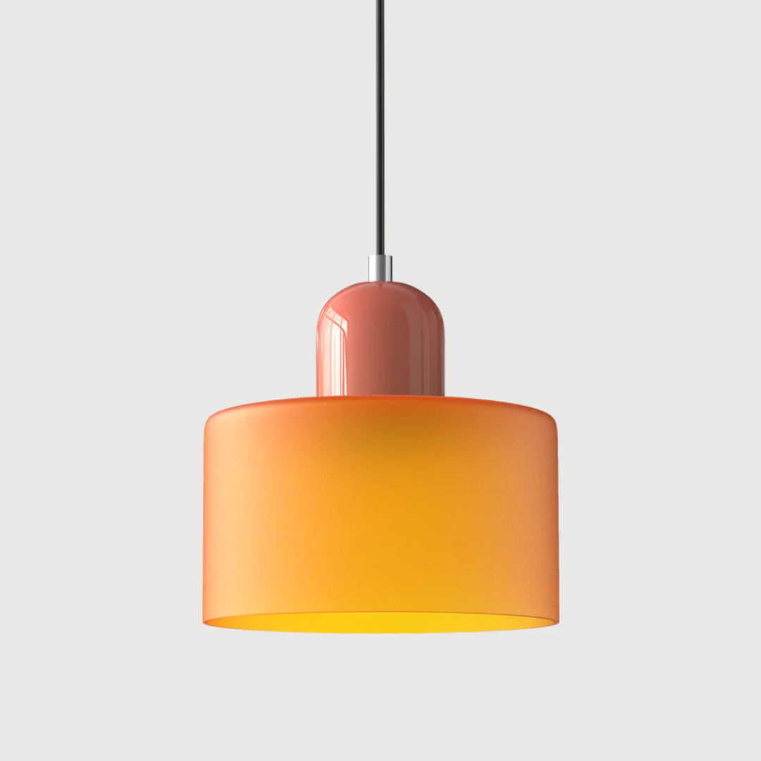 Retro lampa wisząca z pomarańczowym kloszem i zieloną oprawą