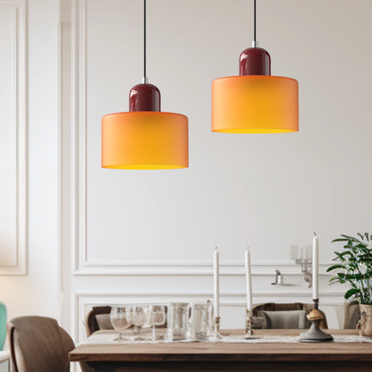 Retro lampa wisząca z pomarańczowym kloszem i zieloną oprawą
