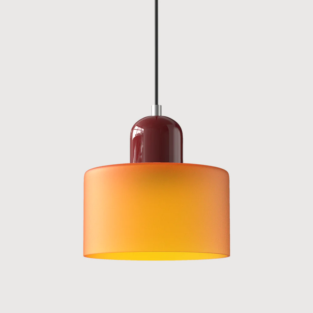 Retro lampa wisząca z pomarańczowym kloszem i zieloną oprawą