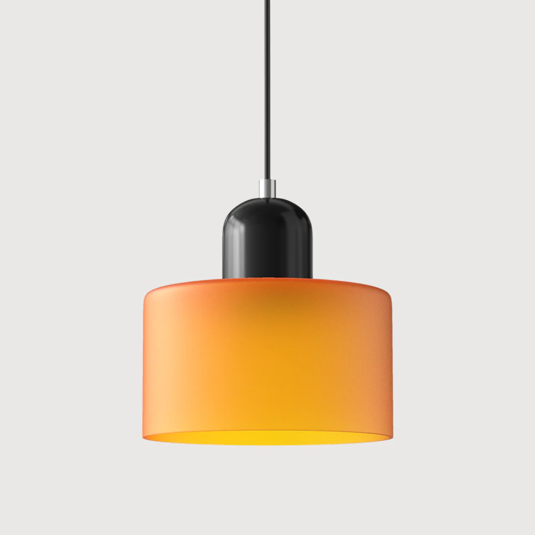 Retro lampa wisząca z pomarańczowym kloszem i zieloną oprawą