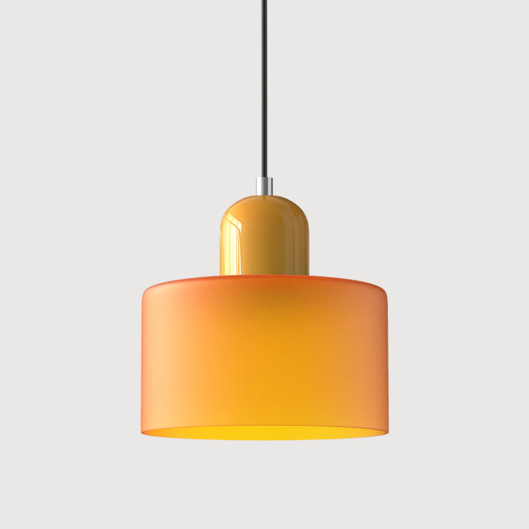 Retro lampa wisząca z pomarańczowym kloszem i zieloną oprawą