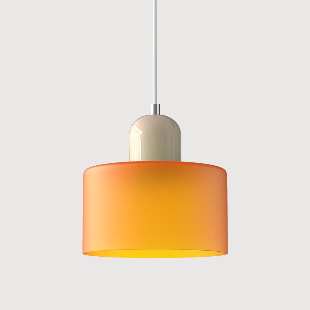 Retro lampa wisząca z pomarańczowym kloszem i zieloną oprawą