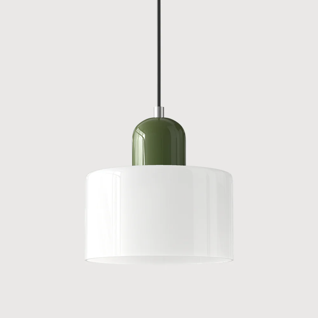 Retro lampa wisząca z pomarańczowym kloszem i zieloną oprawą