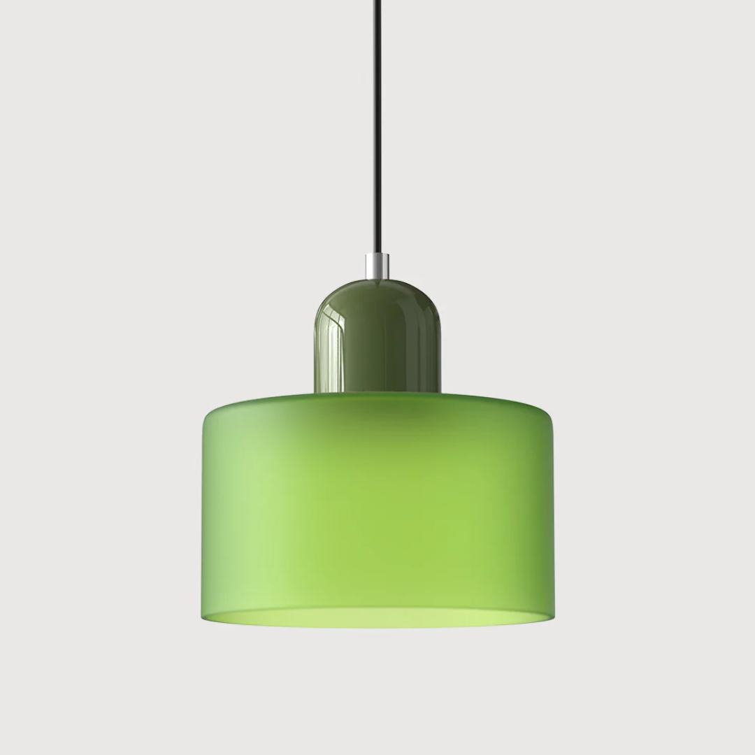 Retro lampa wisząca z pomarańczowym kloszem i zieloną oprawą