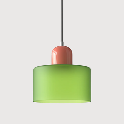 Retro lampa wisząca z pomarańczowym kloszem i zieloną oprawą