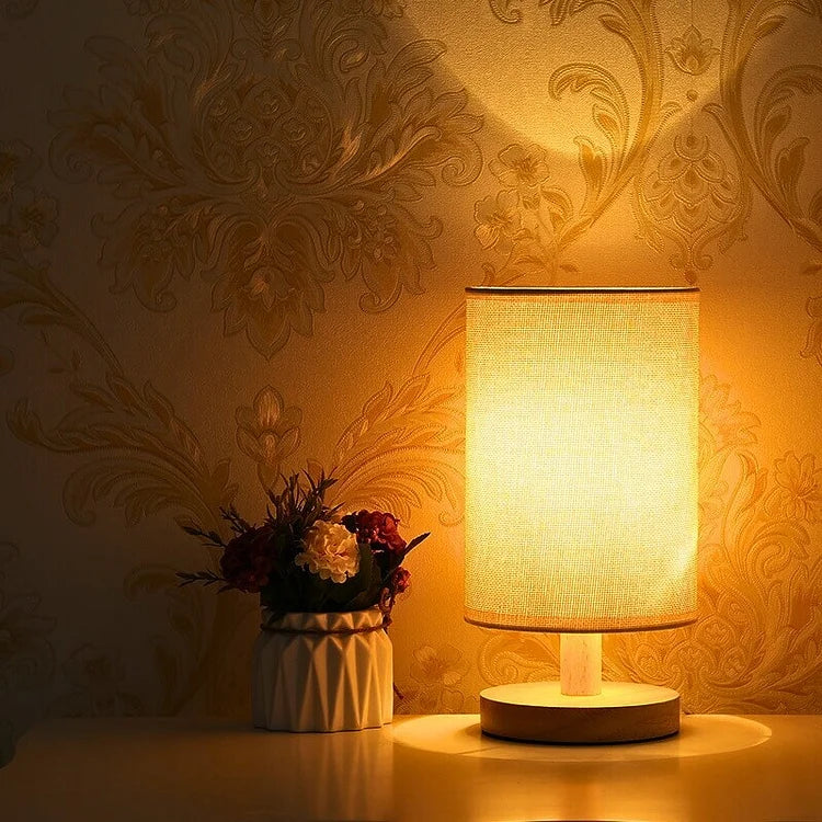 Lampa stołowa z drewna i lnu LED z pilotem