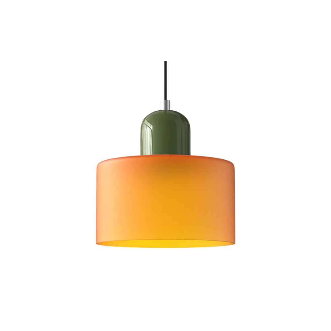 Retro lampa wisząca z pomarańczowym kloszem i zieloną oprawą
