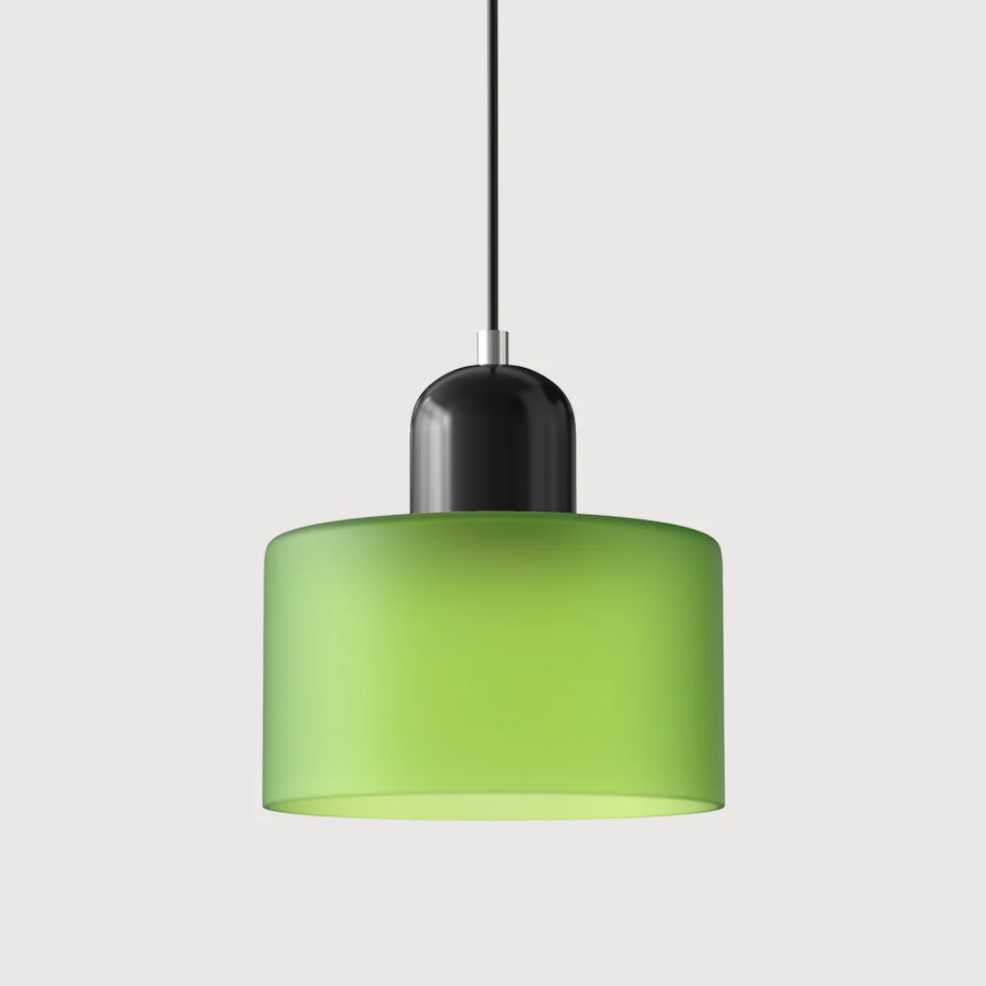 Retro lampa wisząca z pomarańczowym kloszem i zieloną oprawą