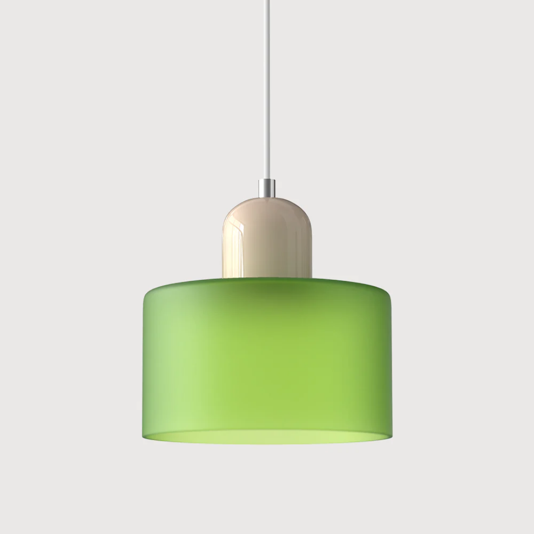 Retro lampa wisząca z pomarańczowym kloszem i zieloną oprawą