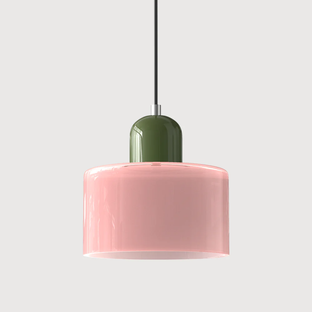 Retro lampa wisząca z pomarańczowym kloszem i zieloną oprawą