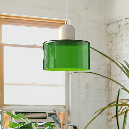 Retro lampa wisząca z pomarańczowym kloszem i zieloną oprawą