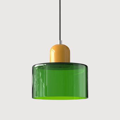 Retro lampa wisząca z pomarańczowym kloszem i zieloną oprawą