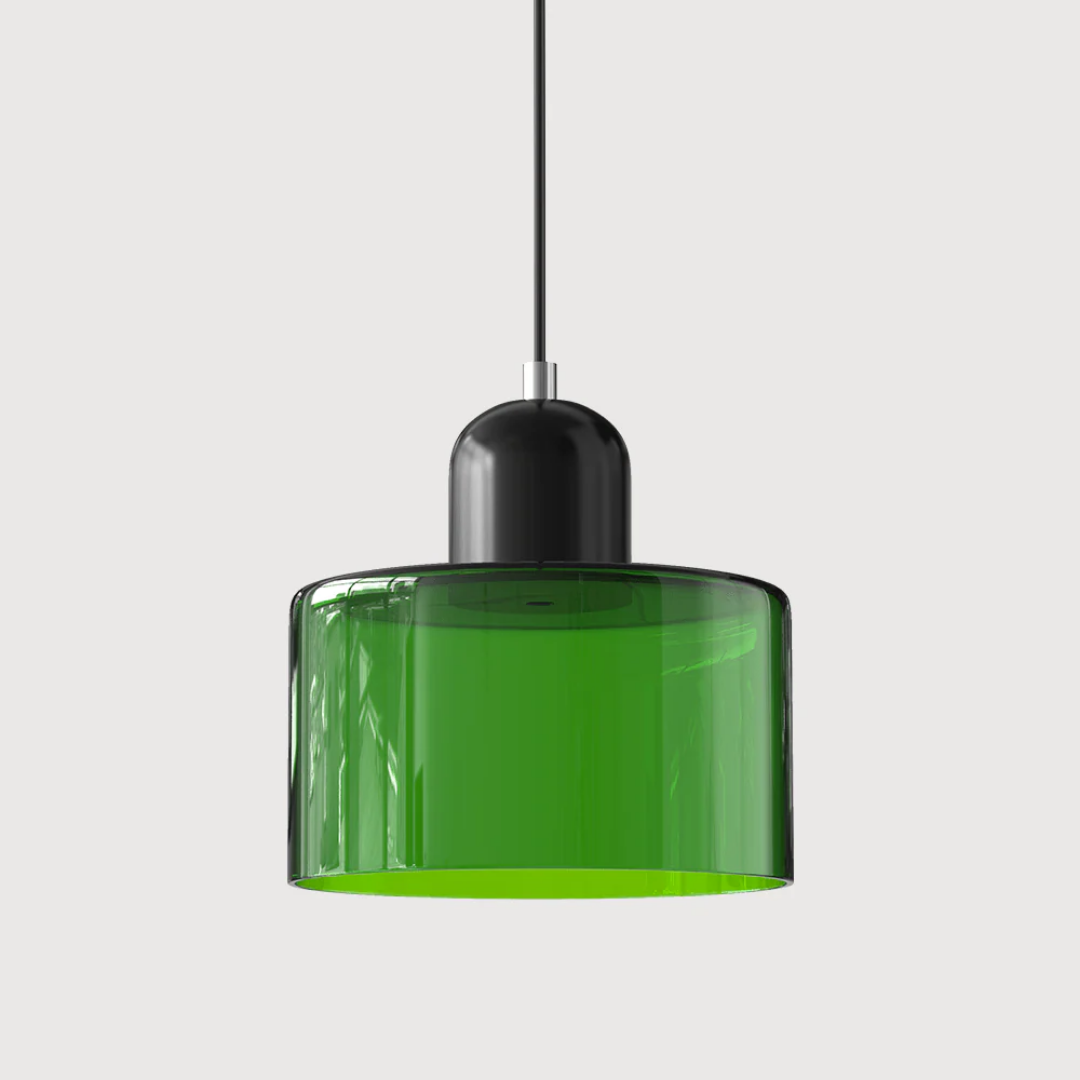 Retro lampa wisząca z pomarańczowym kloszem i zieloną oprawą