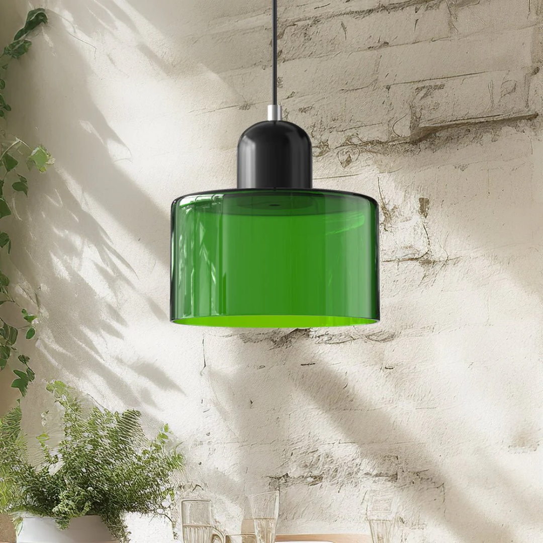 Retro lampa wisząca z pomarańczowym kloszem i zieloną oprawą