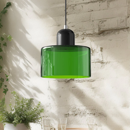 Retro lampa wisząca z pomarańczowym kloszem i zieloną oprawą