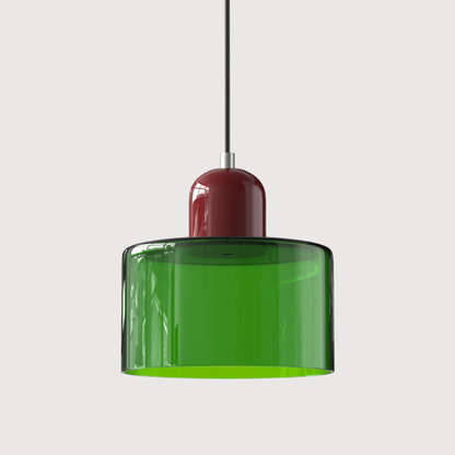 Retro lampa wisząca z pomarańczowym kloszem i zieloną oprawą