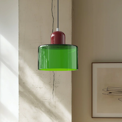Retro lampa wisząca z pomarańczowym kloszem i zieloną oprawą