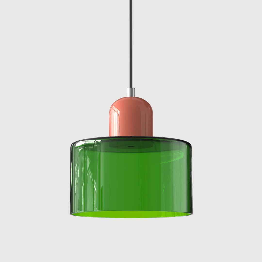 Retro lampa wisząca z pomarańczowym kloszem i zieloną oprawą