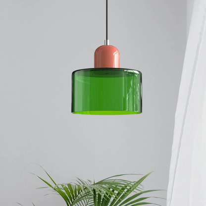 Retro lampa wisząca z pomarańczowym kloszem i zieloną oprawą