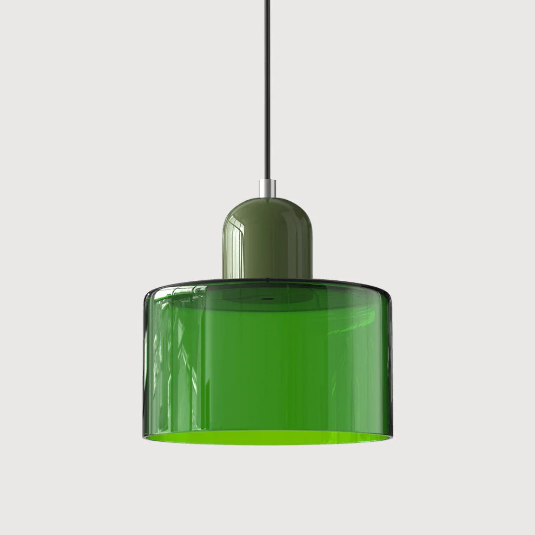 Retro lampa wisząca z pomarańczowym kloszem i zieloną oprawą