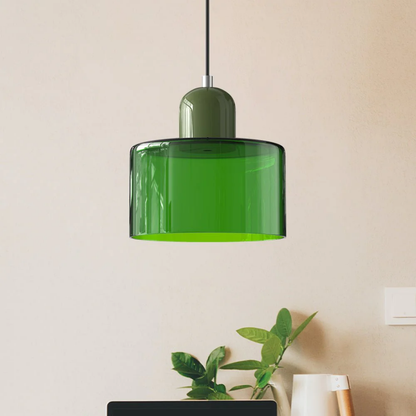 Retro lampa wisząca z pomarańczowym kloszem i zieloną oprawą