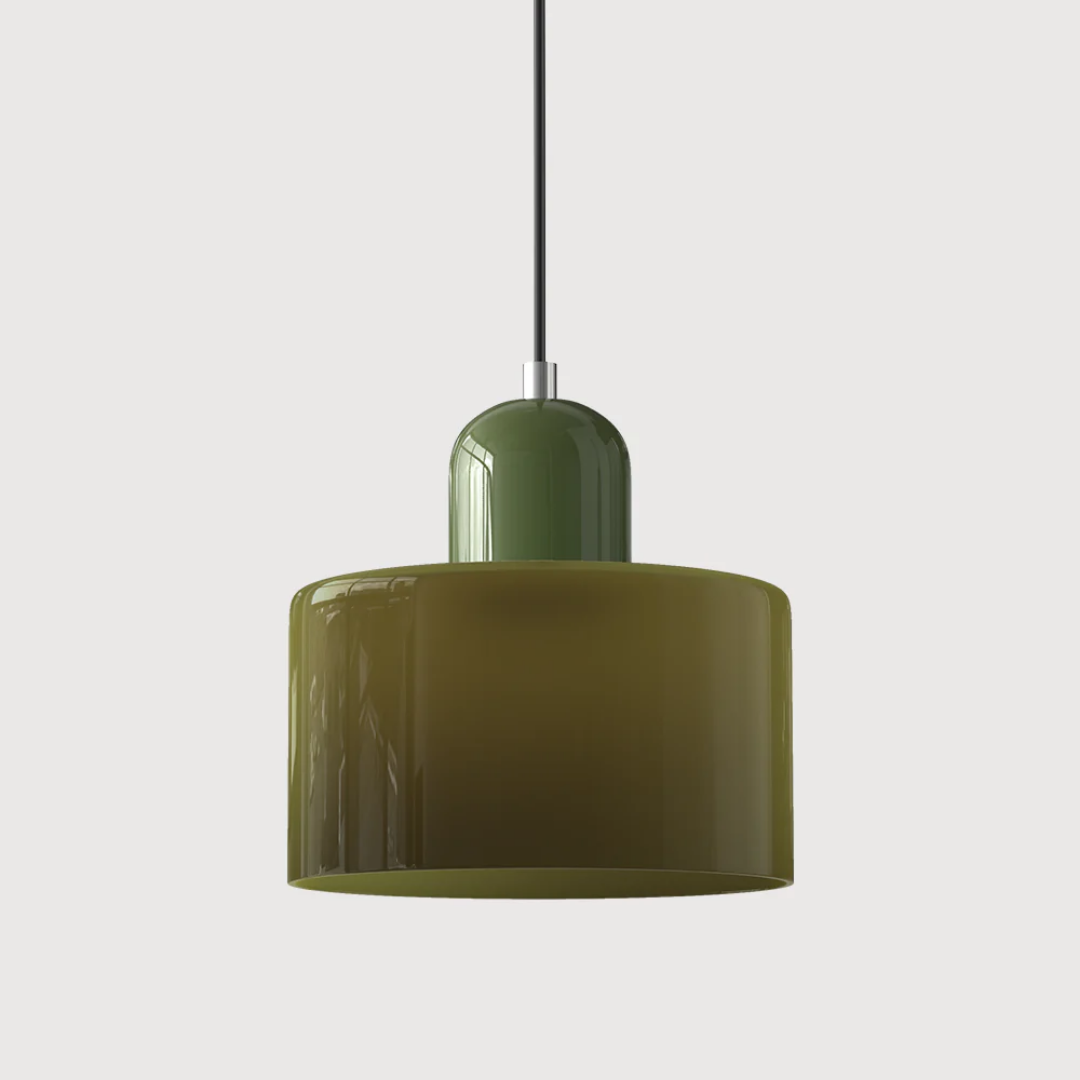 Retro lampa wisząca z pomarańczowym kloszem i zieloną oprawą