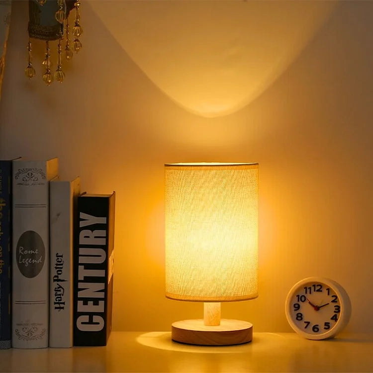 Lampa stołowa z drewna i lnu LED z pilotem