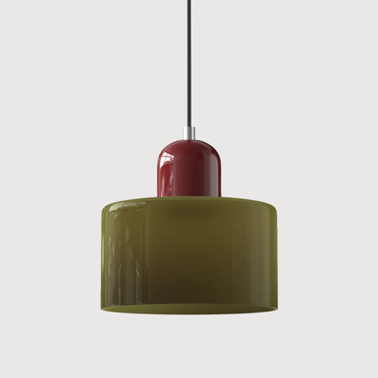 Retro lampa wisząca z pomarańczowym kloszem i zieloną oprawą