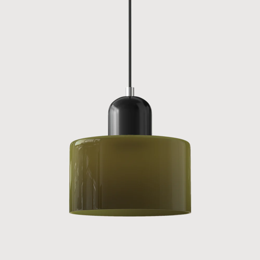 Retro lampa wisząca z pomarańczowym kloszem i zieloną oprawą
